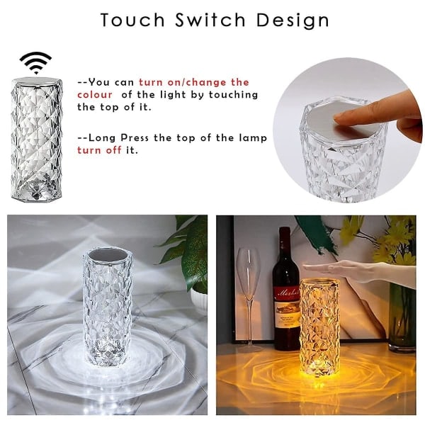 Krystall Diamant Bordlampe, 16 Farger USB Lading Berøringslampe Be