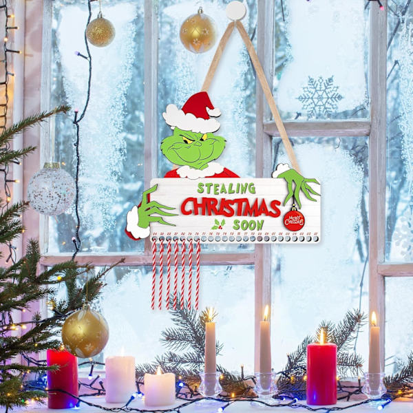 Julekalender Træskilt - Slikkepinde Jule Nedtælling Væghængende Julepynt til Julebørn Familie Venner Gave
