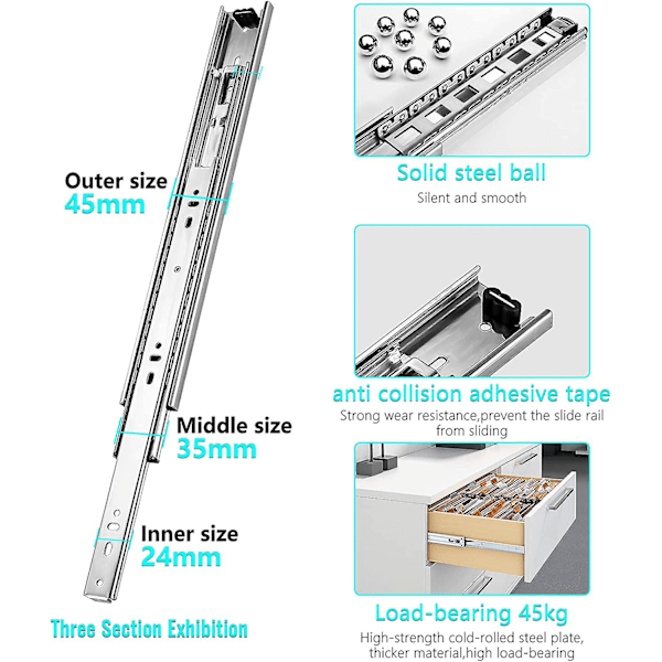 300mm udtrækkelige skuffer, kraftige kuglelejer 45 kg bæreevne 1 par uden at sende skruer