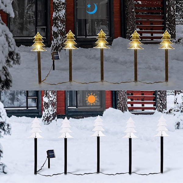 Julelys med solcelle, sett med 5 vanntette landskapsjulelys, LED-lys for hageplen terrasse gangvei dekor (5 stk - varm hvit - tre)