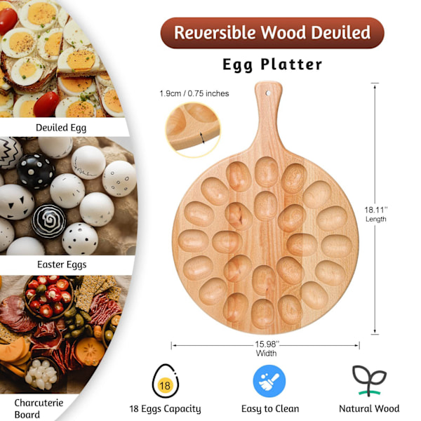Vendbar trebrett for egg, charcuterie og fylte egg - Tykt eggbrett for benkeplate, kjøleskap og hønseegg