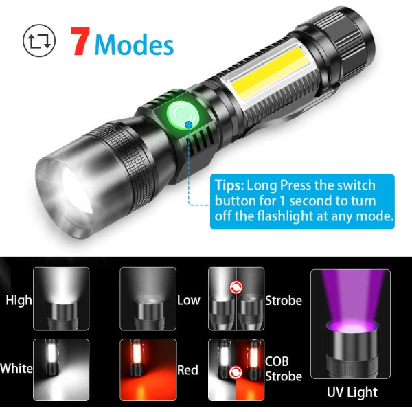 LED ficklampa USB uppladdningsbar magnetisk svart ljus, 395nm UV-lampa ultraviolett ljus 7 lägen rött ljus med 18650 batteri