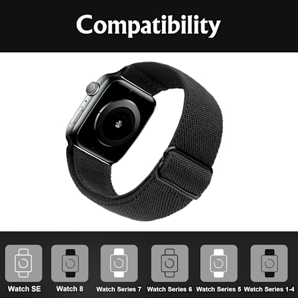 Elastisk klokkekompatibel for Apple Watch-rem 41mm 40mm 38mm Komfortabel justerbar sportsrem for kvinner menn - Svart