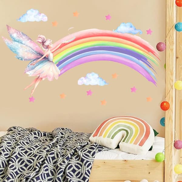 Tecknad älvflicka regnbåge väggdekal flickrum molnälva vägg Multicolor