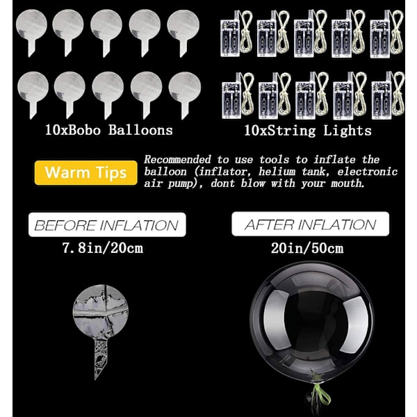 LED-ballonger 10-pak lysballonger 20 tommer klare heliumballonger glød bobleballonger med lysstrenger for Valentinsdagen fargerike