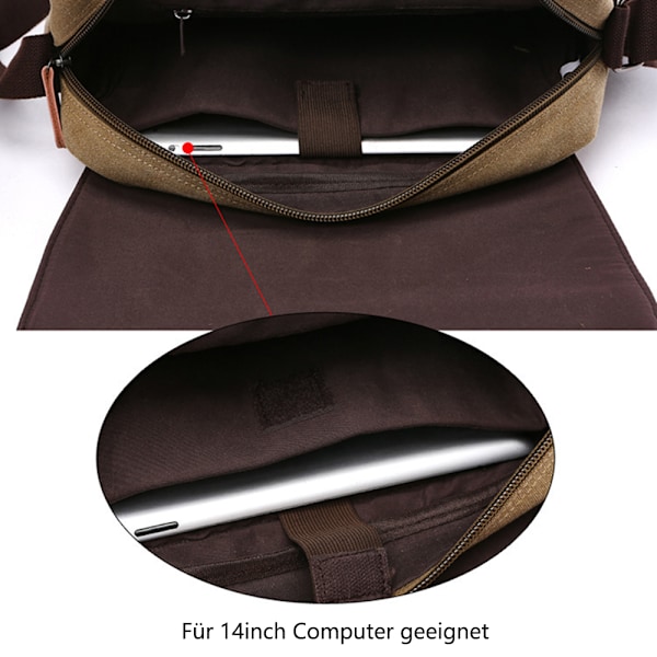 Herr axelväska i canvas, herr väska, laptopväska för 14 tums laptop, axelväska/budväska/messenger väska, khaki