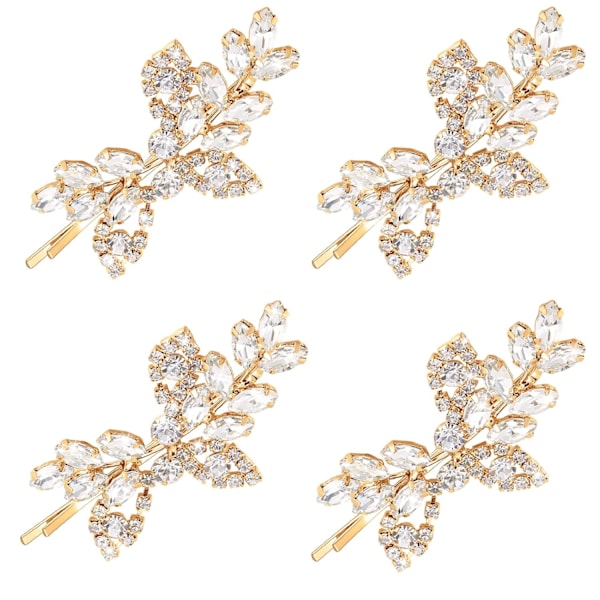 4 st Rhinestone Brudhårklämma Löv Bröllop Hårnål Brud Pärla Kristall Hårklämmor (Guld, Rhinestone Stil)[GKS]