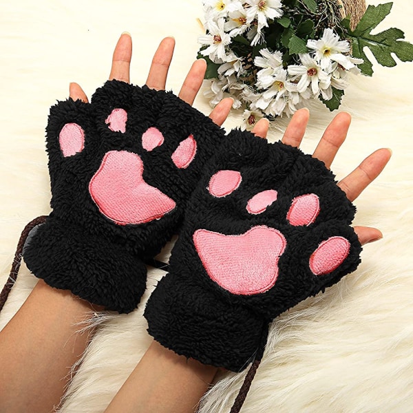 Kvinnor Bear Plysch Cat Paw Claw Glove Mjuka vinterhandskar Fingerlösa handskar (svarta)