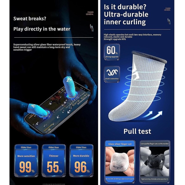 Gaming Finger Sleeves Kompatibel -för mobilspel 0,25 mm Glas Silver Fiber Sömlös cover för Pubg/cod/lol/ros Blue 2 Pair-Storage Box