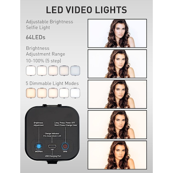 64 LED Oppladbar Selfie-lys - 5 Lysmoduser Telefon Ringlys Mini Bærbar Clip-on Fylllys[GKS]