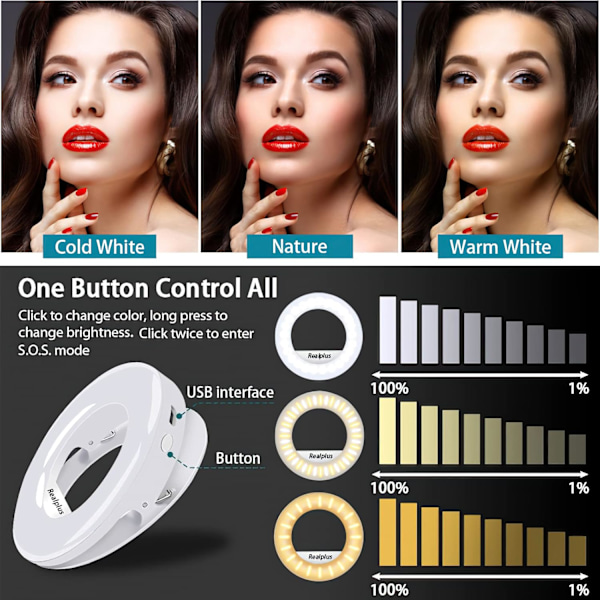 Selfie Ring Light, Clip-on Ring Light [Genopladelig] med 3 Farver & 40 LED, Dæmpbar Selfie Lys til Telefon, Tablet, Laptop, Zoom Møde