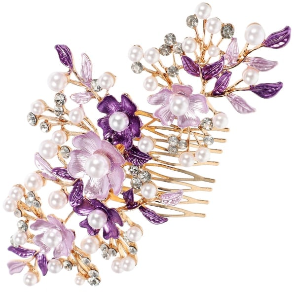 Bröllopspärlor Hårkam Brud Blomster Hårnål Kam Brud Blommig Hårklämma (15,5 X 7 cm, Lila)[GKS]