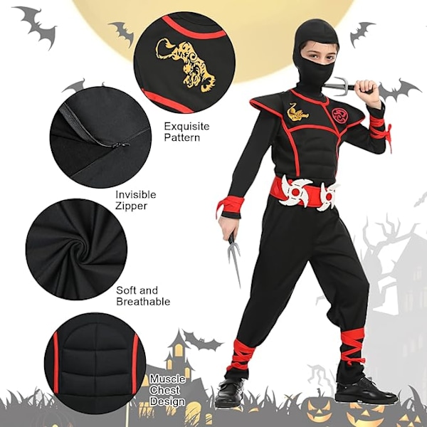 Barnens Halloween Ninja Fancy Dress Kostym med Ninja Tillbehör, Ninja Muskel Kostym för Pojkar Flickor, Lyxig Ninja Rollspel Outfit för Halloween Cosplay S