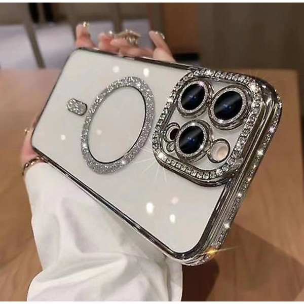 Magsafe Magnetisk Lyx Plätering Bling Strass Diamant Glittrande Stöttåligt Skal För Iphone 15 Pro Max 15 Ultra Silver
