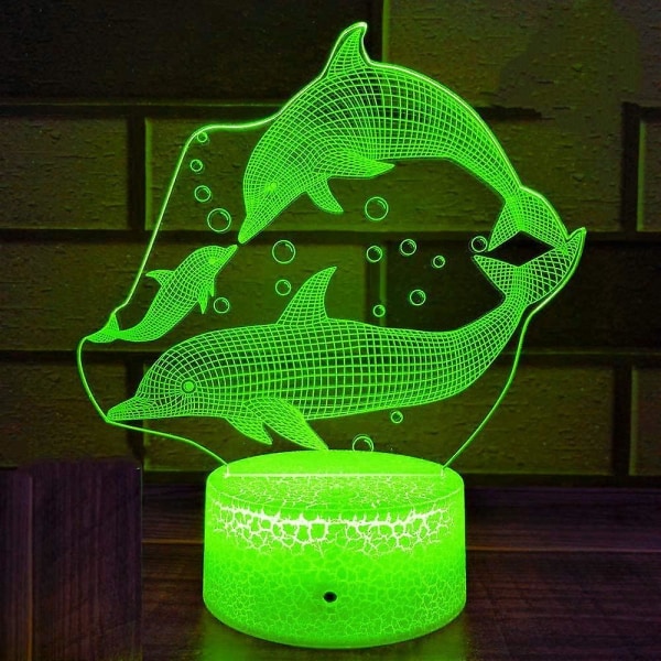 3D Delfin Form Natlampe 7 Farve Skift LED Bordlampe Akryl Flad ABS Base USB Oplader Hjem Fødselsdag Jul Barn Børn Gave