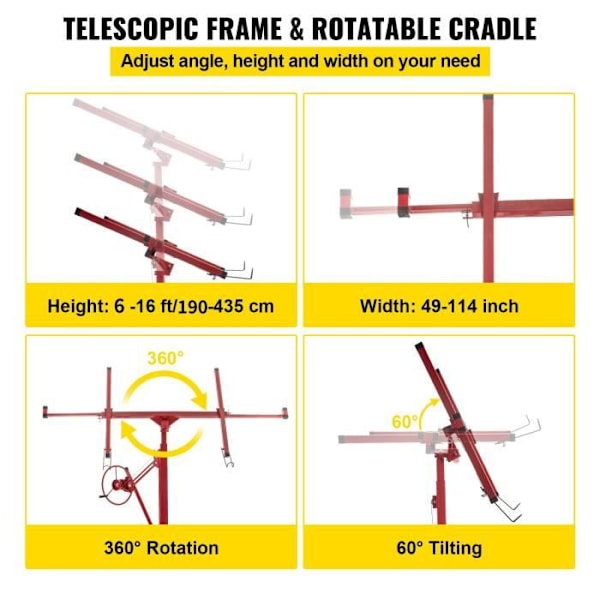 Rolling Panel Lifter-VEVOR-435cm-Drywalls-Belastning 68 kg Kolstål Teleskoparm-3 hjul-122x488 cm