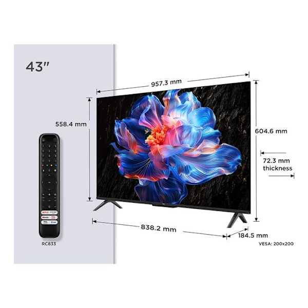 TV HDR Tcl 43P69K 109 cm 4K UHD 2025 Aluminium borstat