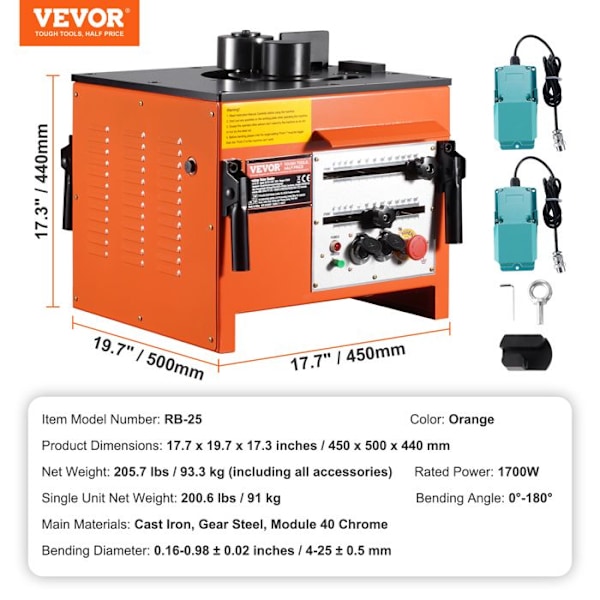 Elektrisk armeringsjärnsböjare-VEVOR-1700 W-Bärbar hydraulisk bockningsmaskin-lätt bockning, för stålstänger