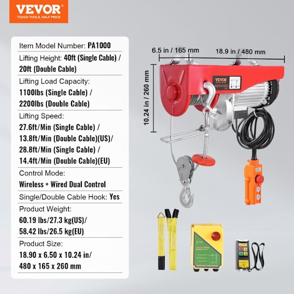 Elektrisk lyftanordning - VEVOR - Dubbel kabelbelastning 1000 kg - 4,2 m trådbunden och 100 m trådlös fjärrkontroll - för garage, lager, fabrik