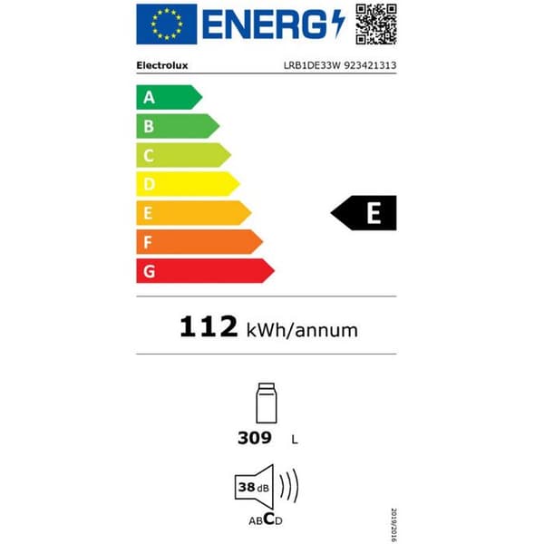 Kylskåp 1 dörr - ELECTROLUX - LRB1DE33W - 309 L - Klass E - Cirkulerande kylning Vit