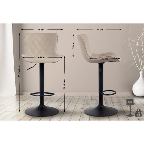 Set med 2 st Emma barstolar med metallbas höjdjusterbar vridbar, krämfärgat läder Grädde