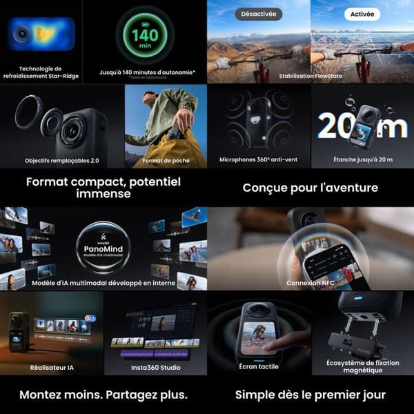 Sportkamera - INSTA360 - X6 Standard Bundle Midnight - 360° 8K@30ips - Dolby Vision 10 bit - OLED-skärm 2,32" 1200 nits