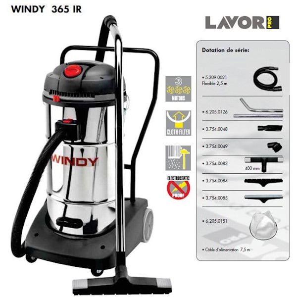 Pro - Vattensug och dammsugare i rostfritt stål 3600W (3 motorer) 65L 195l/s - WINDY 365 IR Lavor Svart, Silver