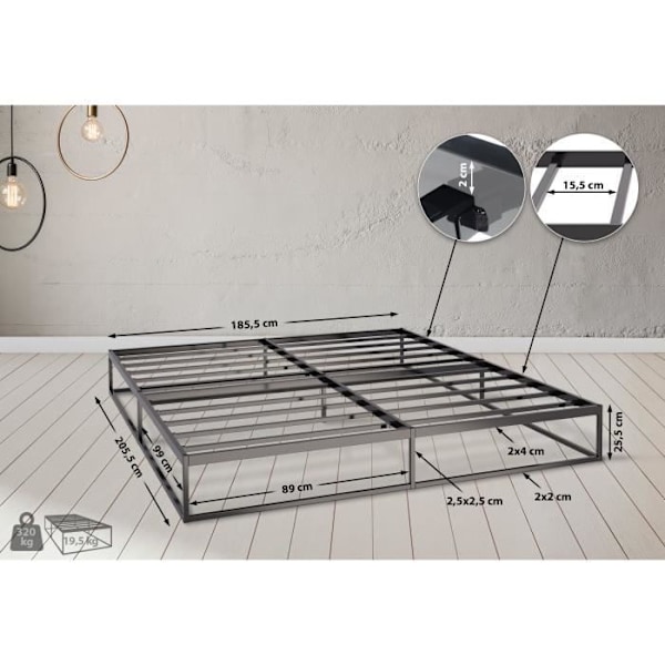 Scala Sängram i Metall med Lattenbotten - CLP - Svart - 200x180x25 cm - Belastningskapacitet 320 kg