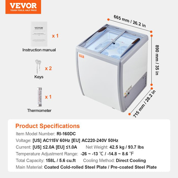 Kommersiell kylglassdisplay-VEVOR-glassdisk 158 L-mobil frys med glasskiva