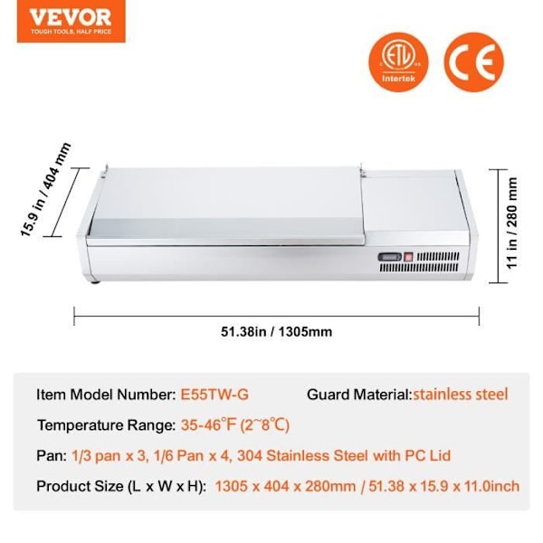 Saladette för kyld bänkskiva-VEVOR-150 W- 3 1-3 kastruller och 4 1-6 kastruller-304 rostfritt stål kropp-PC Lock-Köksingredienser