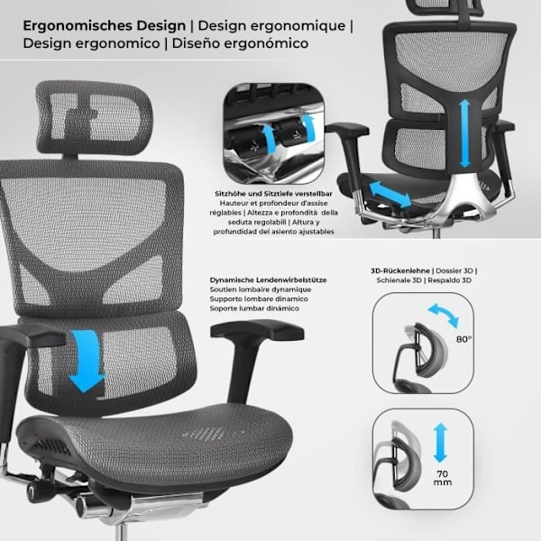 Ergonomisk kontorsstol - CLP - Spokane - Justerbart ryggstöd - Justerbart nackstöd - Grå Grå