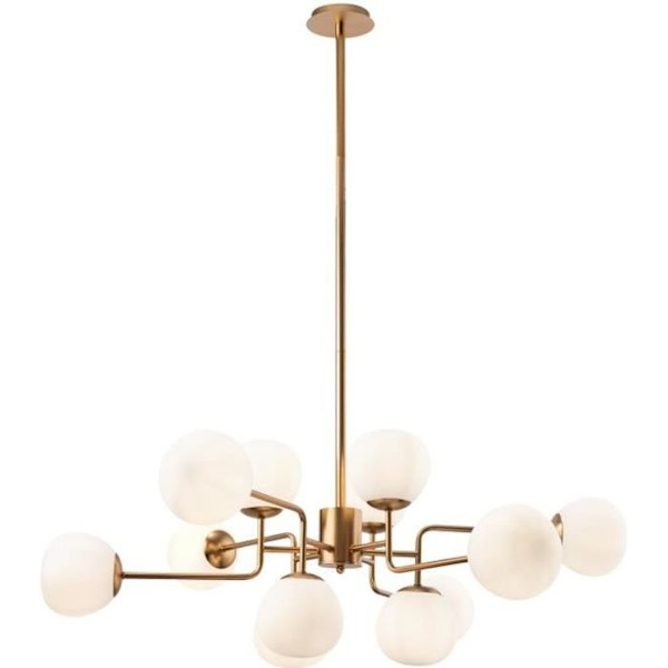 Lustreupphängning 12 lampor, Modern, Art Deco, Maytoni, i metall färg guld, Skärmar i vitt glas E14 ingår ej 12x 40W 220V