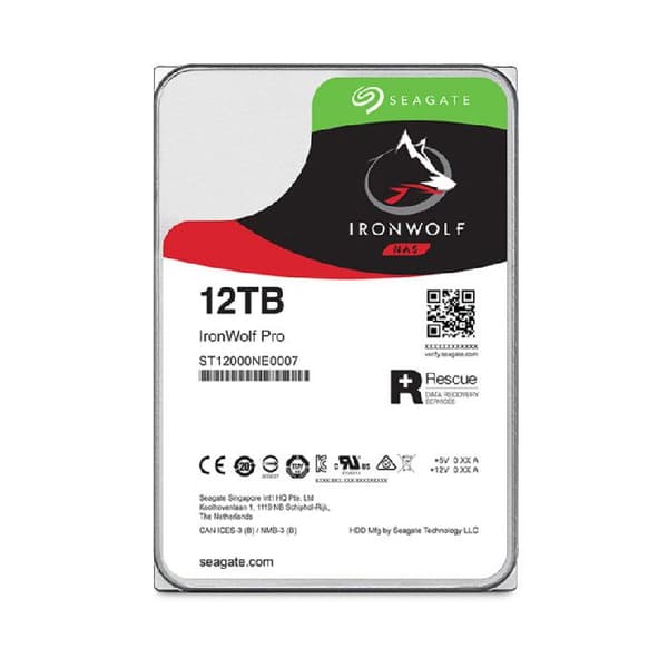 eagate IronWolf Pro, 12TB, NAS HDD – CMR, 3,5”, SATA 6Gbps, 7200RPM, 256MB Cache (ST12000NT001)