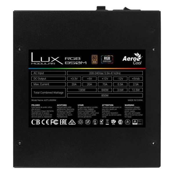 Aerocool LUXRGB850M - Modulär RGB-strömförsörjning 850W - 80 Plus Brons 230V