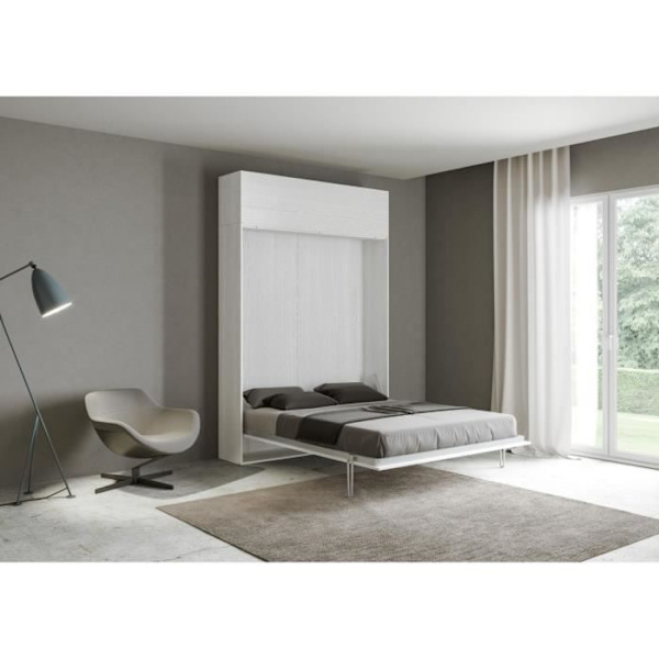 Vertikalt utfällbar säng - Kentaro - Vit ask - 2 platser - Moderna design - Gasmekanism Vit Ask