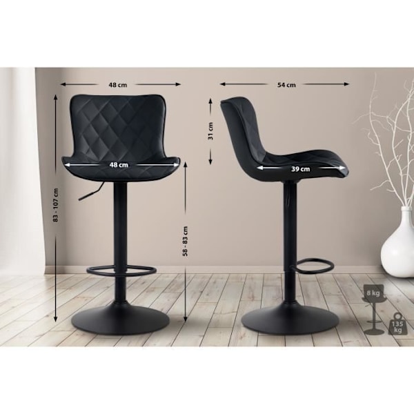 Set med 2 st Emma barstolar med metallbas Höjdjusterbar svängbar, svart - konstläder Svart