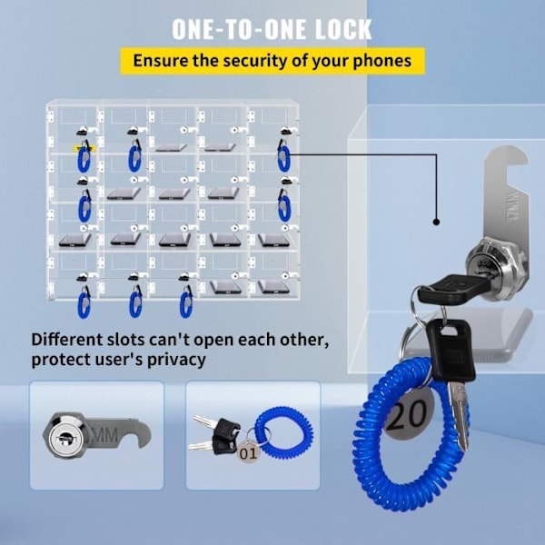 Mobiltelefonskåp - VEVOR - 53 x 18 x 42,5 cm, ficka med nycklar, 20 genomskinliga fack