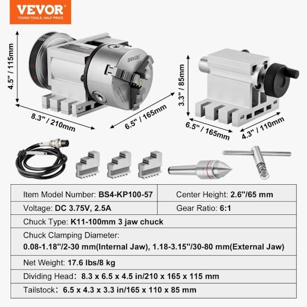 Delningshuvud - VEVOR - 3-käftchuck K11-100 mm, 8 kg, Mitthöjd 65 mm, Utväxling 6:1