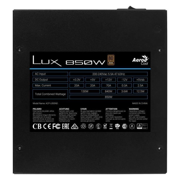 Aerocool LUX850 - PC Strömförsörjning 850W - 80Plus Brons 230V 88% Effektiv APFC