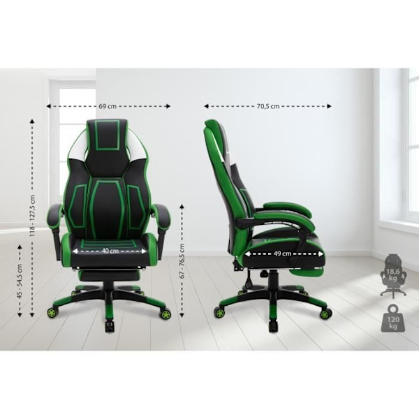 Gaming kontorsstol Clovis i konstläder med teleskopiskt fotstöd, svart - grön Svart/grön