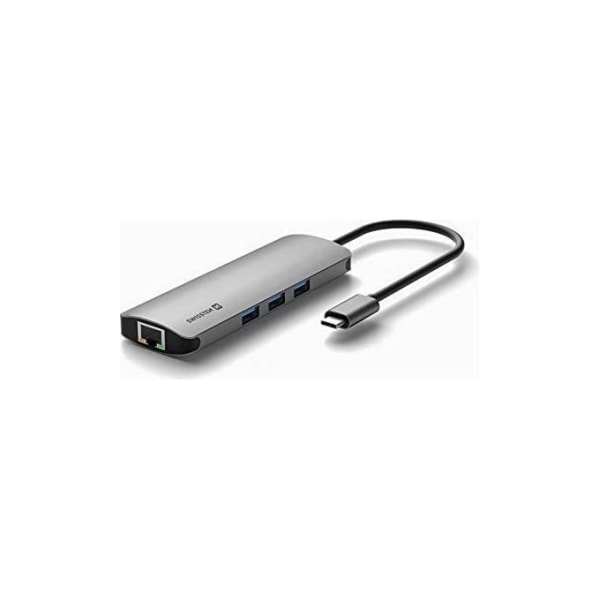 Swissten USB-C Hub 8 i 1 med 3 x USB 3.0 - 1 x USB-C strömförsörjning - 1 x Micro SD - 1 x SD - 1 x HDMI 4K - 1 x LAN RJ45 - Aluminium