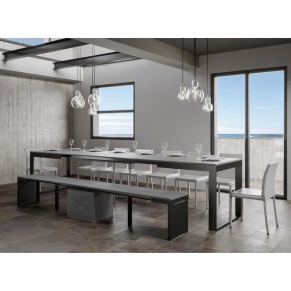 Modernt utdragbart bord 8 till 20 sittplatser L 180 till 440 cm betonggrå med antracitmetallstomme och ben Likro 2 ben