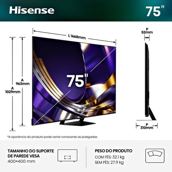 TV - HISENSE - 75U7S Pro - 75" (189 cm) - MiniLED QLED 4K - 165 Hz - Dolby Atmos