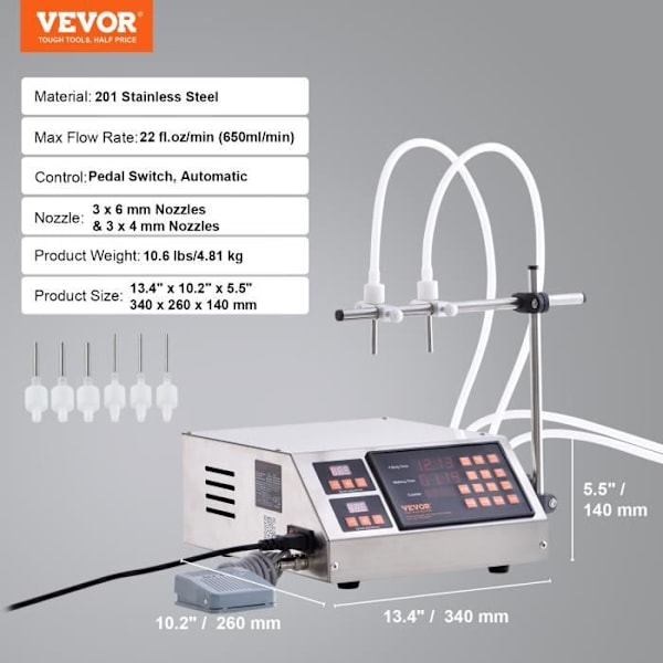 Vätskepåfyllningsmaskin - VEVOR - 340 x 260 x 140 mm, 4,81 kg, 201 rostfritt stål, Kapacitet 5 till 650 ml, för mjölk, vatten, vin