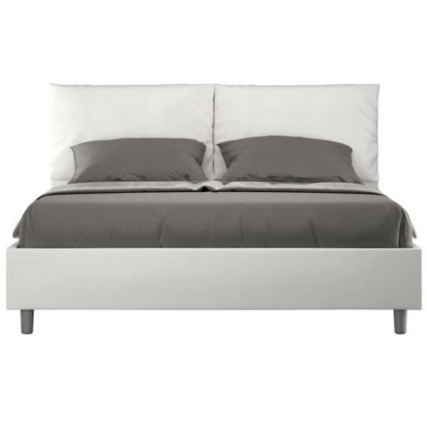 Modern säng 160x200 cm med sänggavel kuddar vit konstläder Anja Utan resår och utan box
