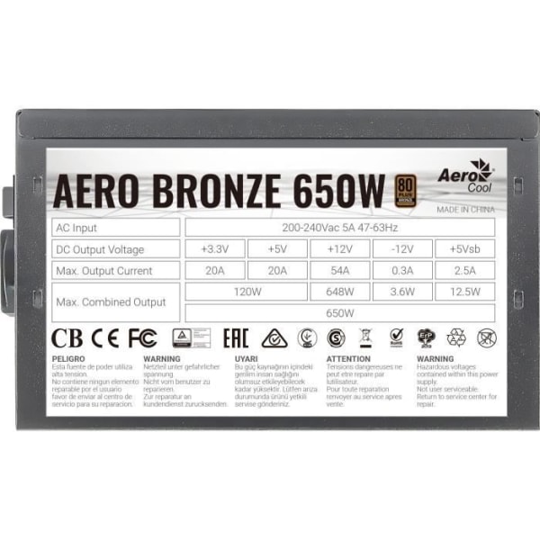 Icke -modulär PC -strömförsörjning - AEROCOOL - Aero Bronze 650W (80 + Bronze) - 650W (ACPB -AR65AEC.11)