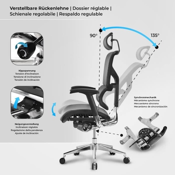 Ergonomisk kontorsstol - CLP - Spokane - Justerbart ryggstöd - Justerbart nackstöd - Grå Grå