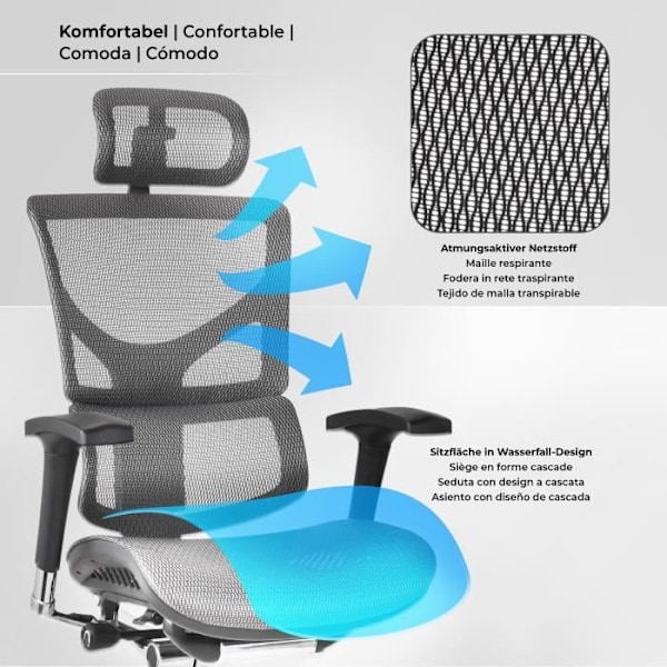 Ergonomisk kontorsstol - CLP - Spokane - Justerbart ryggstöd - Justerbart nackstöd - Grå Grå