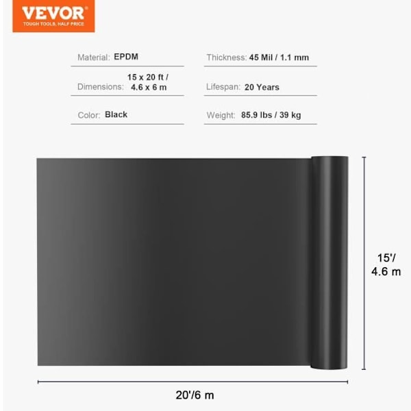 Dammskydd - VEVOR - 4,6 x 6 m 1,5 mm, EPDM-underlag, svart, för fiskdammar, koikarp, vattenspel, vattenfall, fontäner