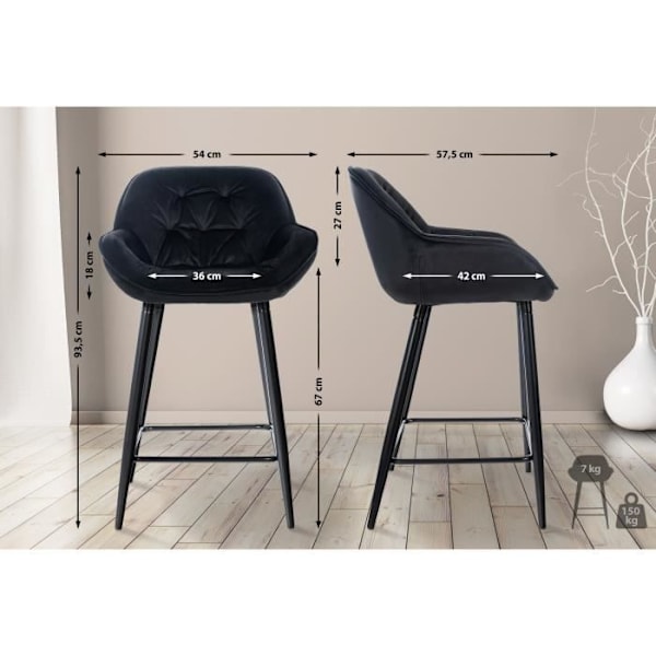 Set med 2 Gibson barstolar med svarta metallben och fotstöd - sammet